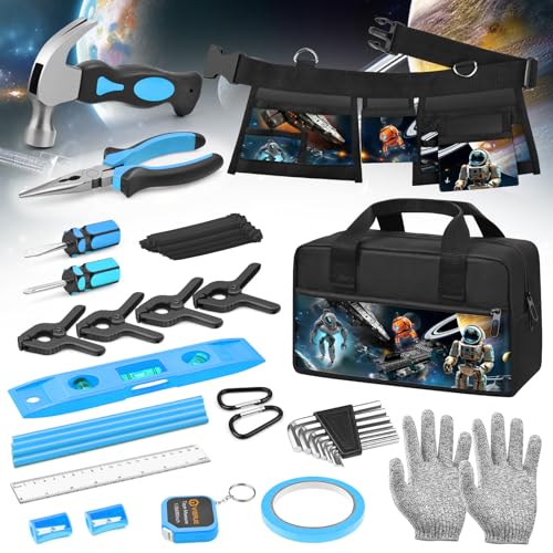 REXBETI 18pcs Blue Young Builder's Tool Set with Real Hand Tools, Rein