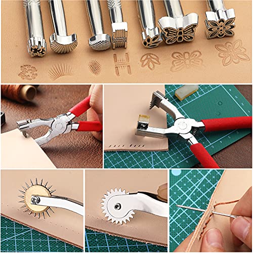 273 Pieces Leather Working Tools and Supplies with Leather Tool Box Cutting Mat Hammer Stamping Tools Needles Snaps and Rivets Kit Perfect for BAGERLA
