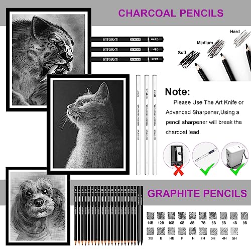 HIFORNY 60 Pcs Drawing Kit Sketching Pencil Set,Sketch Pencils Art Supplies with 3-Color Sketchbook,Graphite,Charcoal,Drawing Pencils for Adults HIFORNY