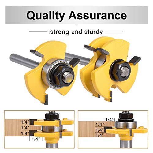 Tongue and Groove Router Bit Set, 2 Pcs 1/4 Inch Shank Router Bit Kits Wood Door Flooring 3 Teeth Adjustable T Shape Wood Milling Cutter Woodworking HOHXEN