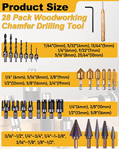28 Pack Woodworking Chamfer Drilling Tools with a Case, Rocaris Including 6 Countersink, 5 Metric Step Drill Bit, 7 Counter Sinker Drill Bit Set with Rocaris