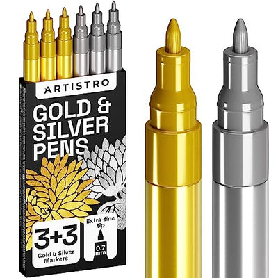 Metallic Acrylic Paint Pens for Rock Painting, Stone, Ceramic, Glass, Wood, Fabric, Canvas, Metal, Scrapbooking (6 Pack) Set of 3 Gold & 3 Silver