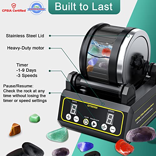 Rock Tumbler for Adults, Professional Large 2.5LB Capacity, 3-Speed Motor & 9-Day Timer, Hobby Rocks Polisher, STEM Science Kit for Geology GITSENSE
