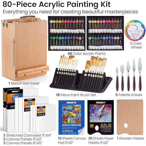 MERRIY 80-Piece Acrylic Paint Set, Artist Painting Supplies Kit with Tabletop Sketch Box Easel, 48 Colors Acrylic Paints,11"x 14"Stretched Canvas MERRIY