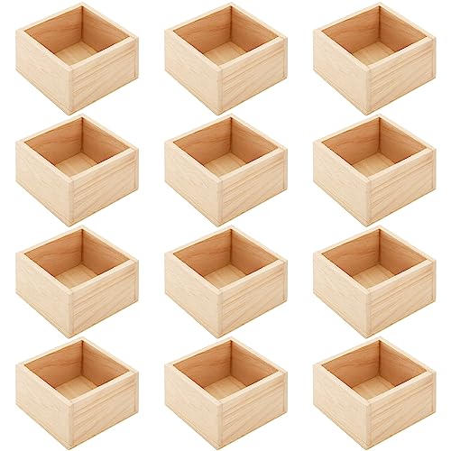 Frcctre 12 Pack Unfinished Small Wooden Box, 4" x 4" Square Wooden Box Craft Storage Organizer Box for Art Collectibles, Home Decor, Desktop Drawer Frcctre