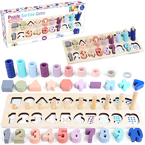 CozyBomB Wooden Number Puzzle for Kids - Montessori Toys for 1 Year Old Toddlers Learning Age 3 4 5 Years Old - Wooden Counting Blocks Sorting Toys CozyBomB