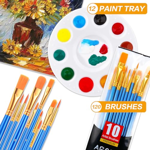 Painting Brush Palette Set, with 12 Packs of 120 Brushes and 12 Palettes,Nylon Brush Head, Suitable for Oil Watercolor, etc., Perfect Art Painting AROIC
