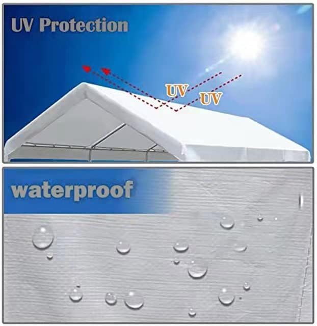 TGEHAP 10'x20' Carport Replacement Top Canopy Cover White for Car Garage Top Tarp Shelter Waterproof & UV Protected w/Ball Bungees (Only Top Cover, TGEHAP