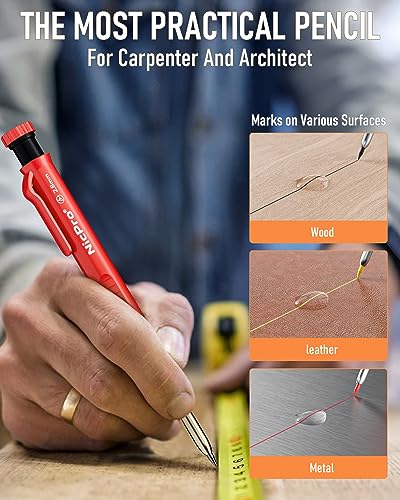 Nicpro 15 Pack Carpenter Pencil Set with Sharpener, Mechanical Carpenter Pencils with 40 Refill, Automatic Center Puncha and Carbide Scribe Tool, Nicpro
