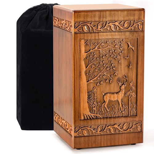 Handmade Wooden Urn for Human Ashes, Urns for Adults Male Female, 250lbs Engraved Burial Cremation Urns for Ashes Men Women(Deer) Aioguisn