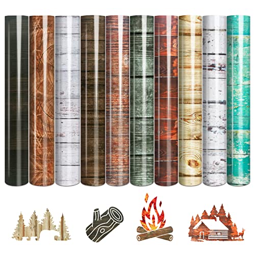 Tintnut Wood Pattern HTV Vinyl - 10 Sheets 12 X 10 Inches Brown Wood Heat Transfer Vinyl White Wooden Planks Iron on Vinyl Vintage HTV for t-Shirts Tintnut