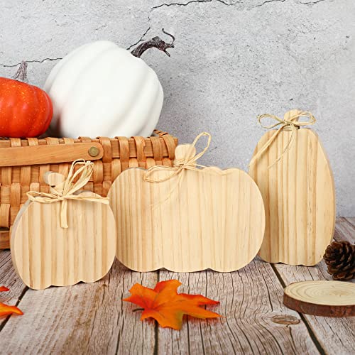 Whaline 3Pcs Unfinished Pumpkin Wooden Cutout with Natural Raffia Pumpkin Shaped Tiered Tray Decor Pumpkin Wooden Table Sign for Fall Thanksgiving Whaline
