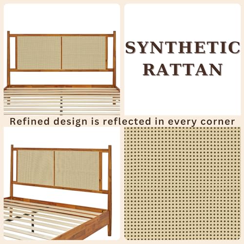 Bme Oliver 15 Inch Acacia Wood Bed Frame with Handcrafted Rattan Headboard - Bohemian & Mid Century Charm, No Box Spring Needed Bme