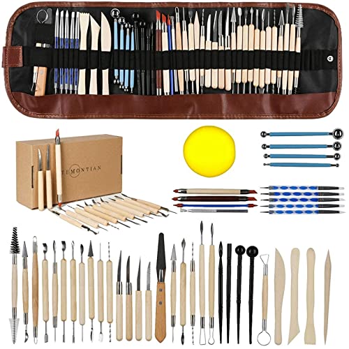 TEMONTIAN Pottery Clay Sculpting Tools,44Pcs Double Sided Polymer Clay Tools, Ceramic Clay Carving Tool Set with Carrying Case Bag for Beginners, TEMONTIAN