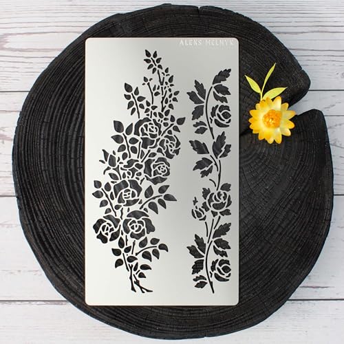 Aleks Melnyk No.269 Metal Stencil, Rose Flower Branch, Rose Vine, Swirls, Leaf Blossom, Small Stencil, 1 PC, Template for Wood Burning, Engraving, Aleks Melnyk
