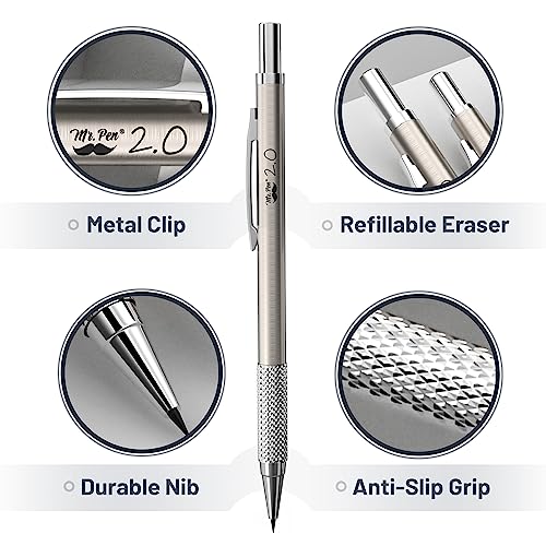 Mr. Pen- Metal Mechanical Pencil Set with Lead and Eraser Refills, 5 Sizes, 0.3, 0.5, 0.7, 0.9, 2mm, Drafting, Sketching, Architecture, Drawing Mr. Pen