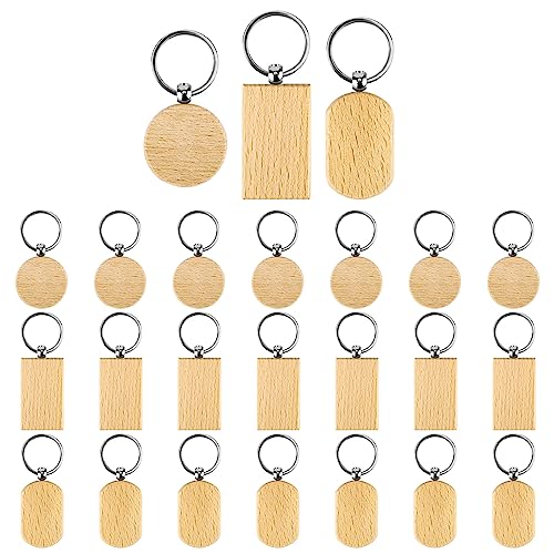 24pcs Wooden Keychain Blanks, Round Square Oval Engraving Blanks Wood Blanks Unfinished Wooden Key Ring Key Tag for DIY Gift Crafts SAVITA