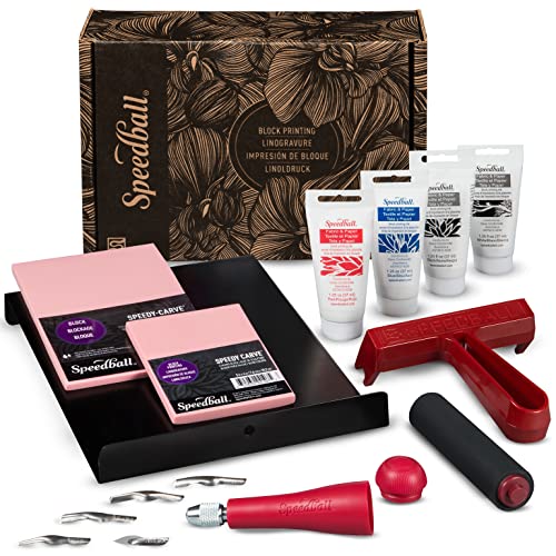 Speedball Block Printing Fabric Deluxe Kit, 14 Pieces, Includes Inks, Brayer, Bench Hook, Lino Handle and Cutters, Speedy-Carve Relief Blocks Speedball