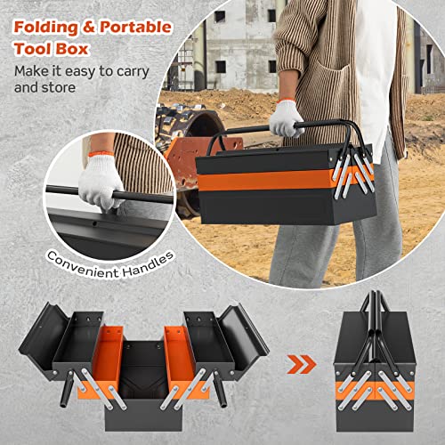 Goplus 22-Inch Metal Tool Box, 3-Layer 5-Tray Portable Folding Tool Chest Organizer with Handle & Lock Hole, Cantilever Toolbox for Garage Trunk Goplus