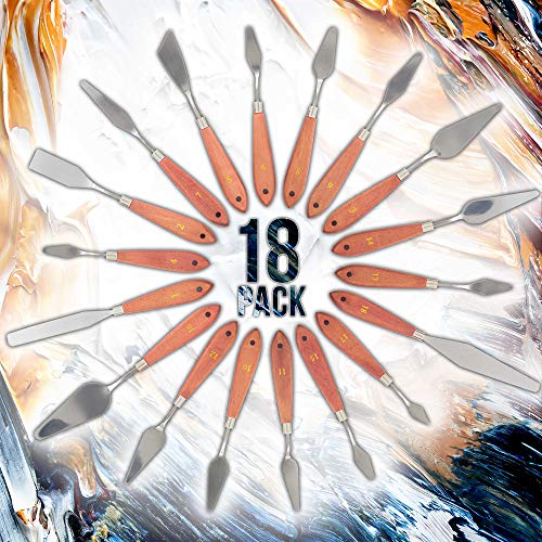 U.S. Art Supply 18-Piece Artist Stainless Steel Palette Knife Set - Wood Hande Flexible Spatula Painting Knives for Color Mixing Spreading, Applying US Art Supply