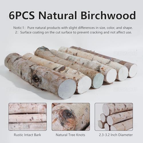 6 Pack Birch Logs Decorative Birch Branches Natural Birch Log for Decoration,Crafts,DIY, Fireplace Decor Firewood(Birch Logs:2.3"-3.2" Dia. x OriCre