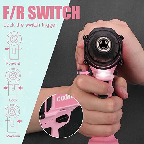 COMOWARE Cordless Drill Set, 20V Power Drill, Pink Drill Set for Women, 1 Battery & Charger, 3/8" Keyless Chuck, 2 Variable Speed, 266 In-lb Torque, COMOWARE