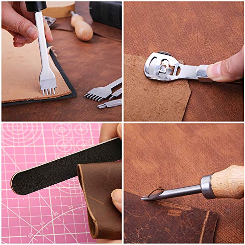 28 Pcs Leathercraft Hand Tools Kit, Upholstery Repair Kit Leather Working Tools with Leather Prong Punch, Leather Hammer, Stitching Groover, Leather JUPEAN