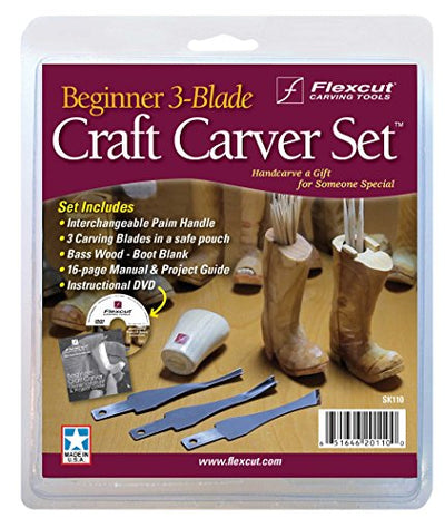 FLEXCUT Carving Tools, Beginner Craft Carver Set, 3 Carving Blades, Palm Handle and DVD Included (SK110)