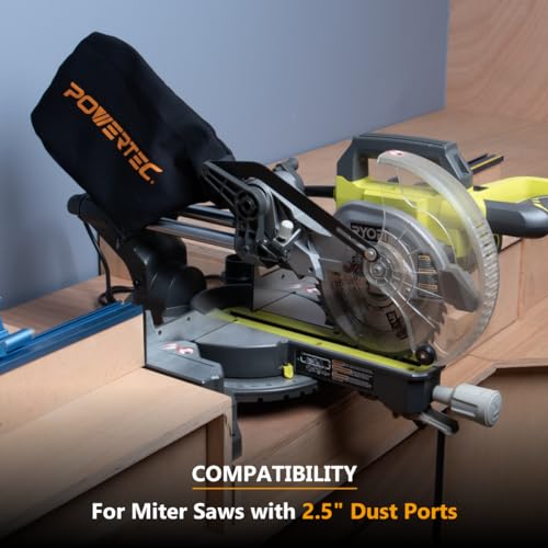 POWERTEC 75075 Miter Saw Dust Bag fits Nominal 2.5" Dust Ports, Expands to 2.687", Hook and Loop Dust Collector Bag with Zipper and Wired Adjustable POWERTEC
