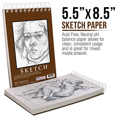 U.S. Art Supply 5.5" x 8.5" Top Spiral Bound Sketch Book Pad, Pack of 2, 30 Sheets Each, 90lb (160gsm) - Acid-Free Heavyweight Paper, Artist US Art Supply