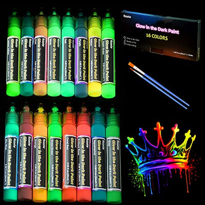 Roizefar Fabric Paint, 16 Colors Glow in the Dark Paint, 3D Permanent Acrylic Textile Paint (20 ml/0.68 oz), Neon Craft Painting Fabric Paint for