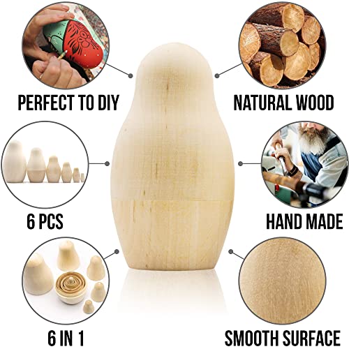 AEVVV Blank Nesting Dolls Set 6 pcs - Unpainted Russian Nesting Dolls - Unfinished Doll - Russian Nesting Dolls to Paint - Blank Doll - DIY Nesting AEVVV