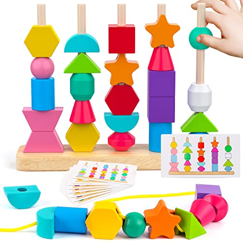 Montessori Wooden Beads Sequencing Toy Set, Stacking Blocks & Lacing Beads & Matching Shape Stacker for 2 3 4 5 Year Old STEM Preschool Learning Hieoby