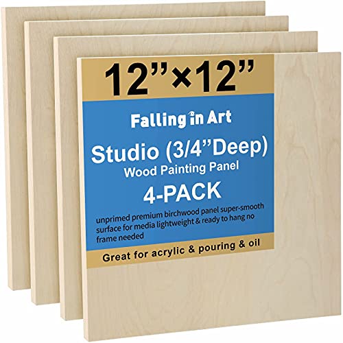 Falling in Art Unfinished Birch Wood Canvas Panels Kit, Falling in Art 4 Pack of 12x12’’ Studio 3/4’’ Deep Cradle Boards for Pouring Art, Crafts, Falling in Art