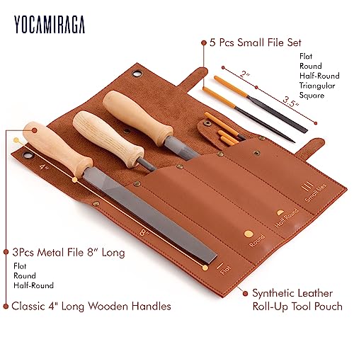 YOCAMIRAGA Metal File Set, 3Pcs of 8” Metal Files for Wood and Steel & 5Pcs Small Needle File Set for Precision Work, Files Tools with Synthetic YOCAMIRAGA