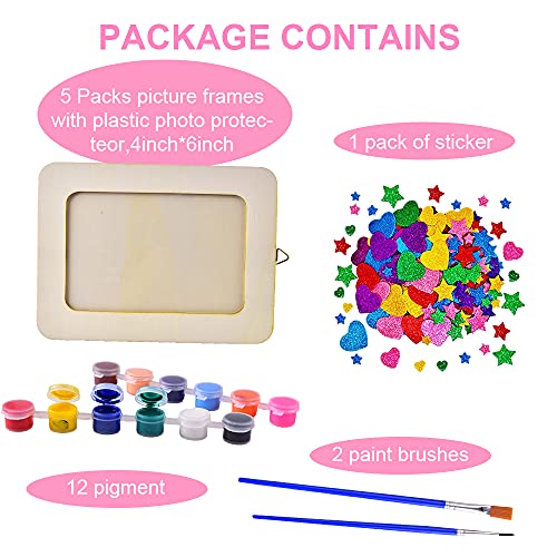 Aweyka Picture Frame Painting Craft Kit, 5 Packs 6 x 8 inch DIY Wooden Photo Frames with Stand & Clear Protector, Painting Tools Set, Eva Stickers Aweyka