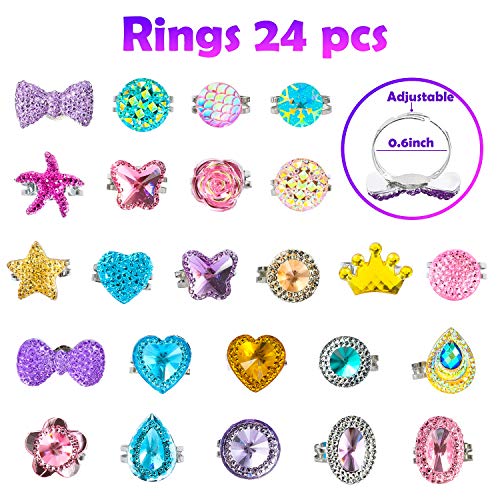 WATINC 24Pcs Adjustable Princess Pretend Jewelry Rings, Girl’s Jewelry Dress Up Play Toys, Rhinestone Gift Set in Box for Little Girls, No WATINC