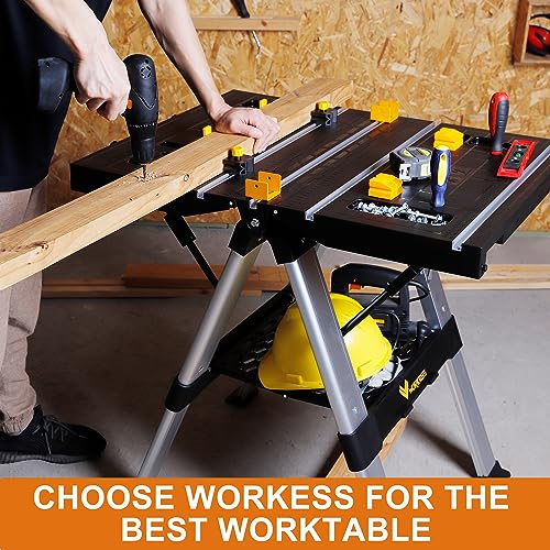 WORKESS Portable Workbench & Sawhorse, 440Lbs/1000Lbs Capacity Heavy Duty Folding Work Table, 21.5"-32.5" Adjustable Height with Clamping System, 2 x WORKESS