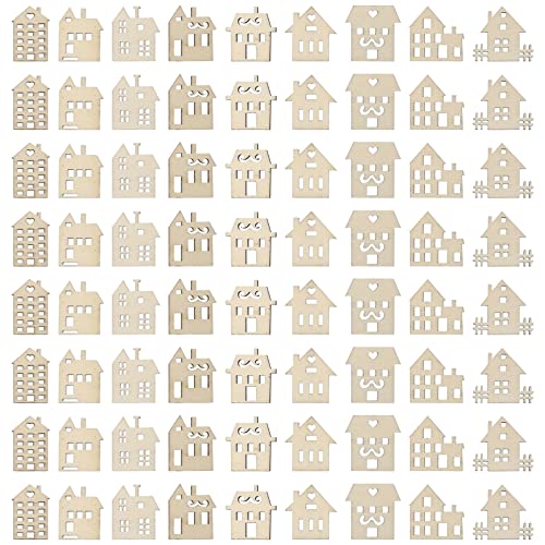 Toddmomy Craft Wood Pieces 100pcs Wooden House Shaped Embellishments Hanging Ornaments, Unfinished Wooden Houses Cutouts Ornaments for Painting, Toddmomy