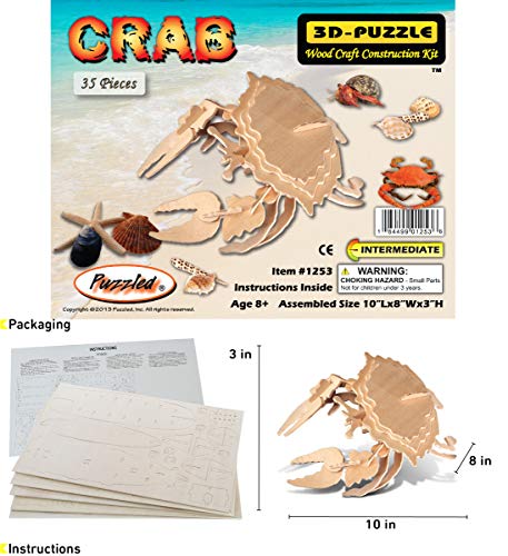 Puzzled 3D Puzzle Crab Wood Craft Construction Model Kit, Fun Unique & Educational DIY Wooden Toy Assemble Model Unfinished Crafting Hobby Sea Life Puzzled
