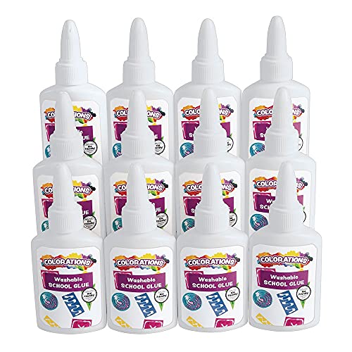 Colorations Washable White Glue, Set of 12, 1.25 oz Bottles, Easy Spout Applicator, Dries Clear, Non-Toxic, School and Home Use Colorations