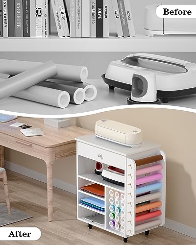 Rolling Craft Cart and Storage Table for Cricut - VDamu Vinyl Roll Holder and Craft Room Organizer Vdamu