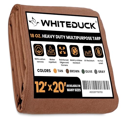 WHITEDUCK 12'x20' Canvas Tarp 18 oz/37 Mil Heavy Duty Waterproof UV Resistant, Rustproof Grommets, Industrial & Commercial Use Cloth Tarp (Finished WHITEDUCK