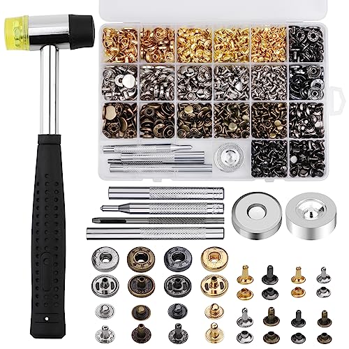 Yizzvb 320 Pcs Leather Rivets Kit, 60 Pcs Leather Snap Fasteners, 2 Size Leather Rivets Double Cap Rivet Kit, Double-Sided Nylon Hammer, 5 Pcs Yizzvb