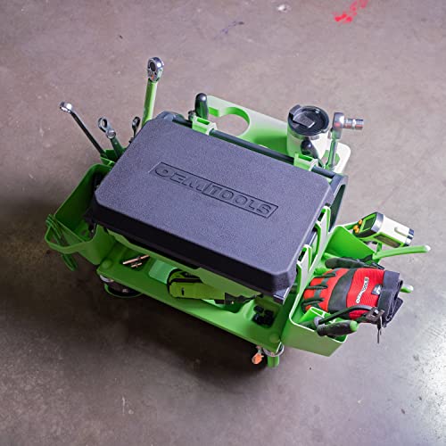 OEMTOOLS 24987 Sidekick Creeper Stool, Metal Shop Stools with Wheels, 5 Storage Seat Options, Cushioned Mechanics Stool with Wheels, Green Creeper OEMTOOLS