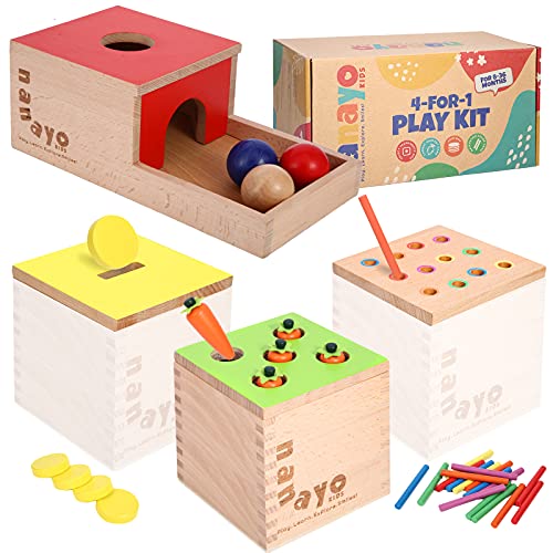 nanayo 4-for-1 Play Kit Includes Object Permanence Box, Montessori Coin Carrot Harvest Game, Matchstick Color Drop Game – Toys for Babies 6-12 nanayo