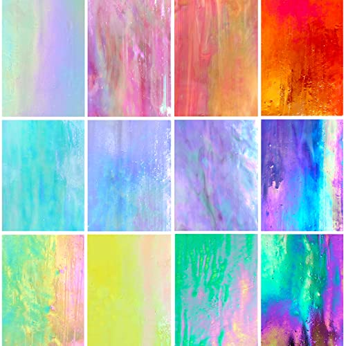 LITMIND 12 Sheets Iridescent Stained Glass Sheets, 4x6 inch Iridescent Glass Mosaic Tiles for Crafts, Art Glass Kit, Stained Glass Supplies LITMIND