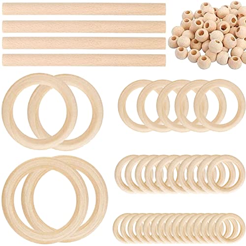 93 Pcs Macrame Kit Includes 4pcs Macrame Wooden Sticks 34pcs Wooden Rings Circles 55pcs Wood Beads Unfinished Wood Rings Beads Sticks for Macrame GrliTra