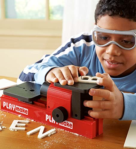 PLAYmake Kids’ 4-in-1 Woodshop Carpentry Cool Tool with Jigsaw, Lathe, Drill Press, Sander, Power Supply, Safety Goggles, Extra Supplies, and Deluxe HearthSong