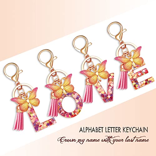 JINGUAZI Initial letter Keychains for Women Tassel Butterfly Pink Cute Car Keychain for Wallet Purses Backpack (Pink M) JINGUAZI